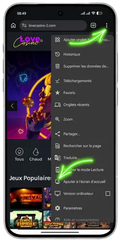 Ajouter à l’écran d’accueil ou installer Love Casino