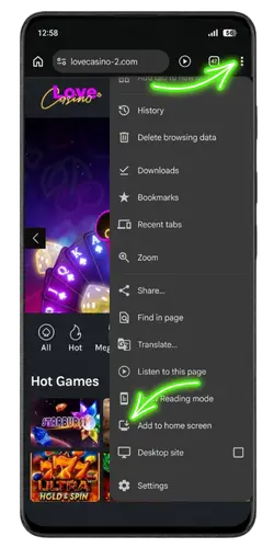 Home screen or Install app Love Casino