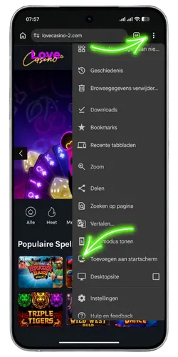 Open het browsermenu LoveCasino