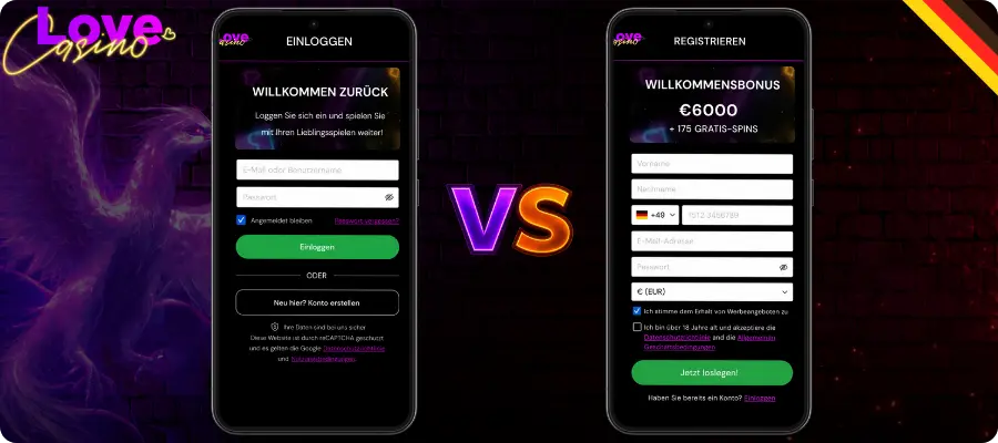 Unterschied zwischen Registrierung und Love Casino login