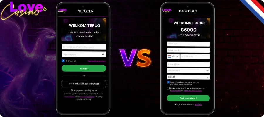 Verschil tussen registratie en Love Casino login