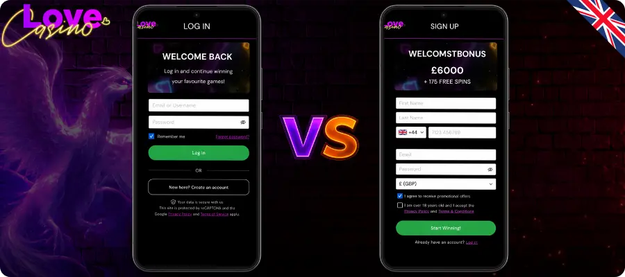 Registration vs Love Casino login