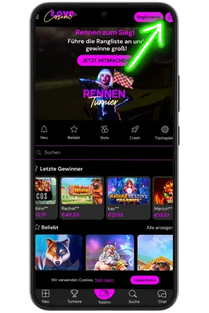 Klicken Sie oben rechts auf den Button für Love Casino login
