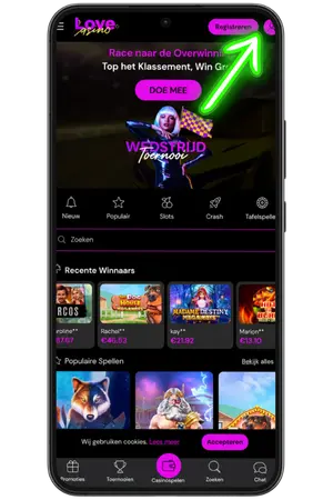 Klik rechtsboven op de knop voor Love Casino login